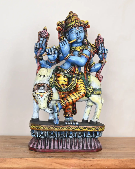 Colourful lord Krishna statue with cow 18"