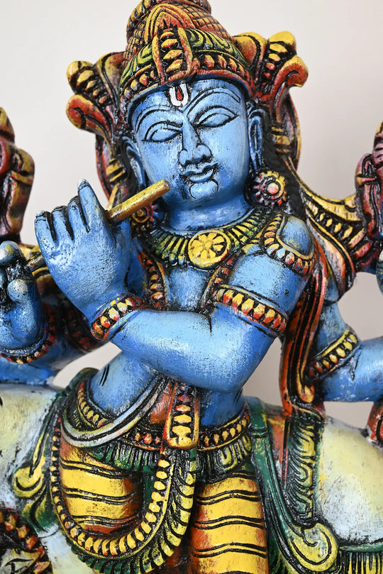 Colourful lord Krishna statue with cow 18"