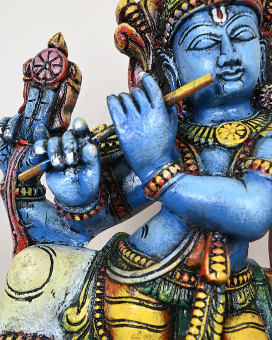 Colourful lord Krishna statue with cow 18"