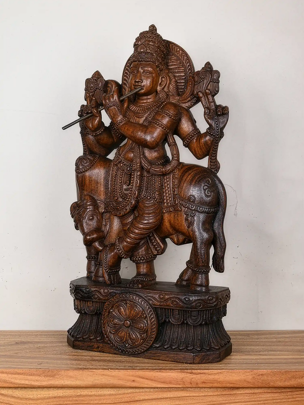 Divine Lord Krishna on Cow Wooden Sculpture 2Ft