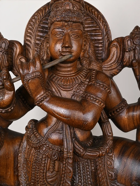 Divine Lord Krishna on Cow Wooden Sculpture 24"
