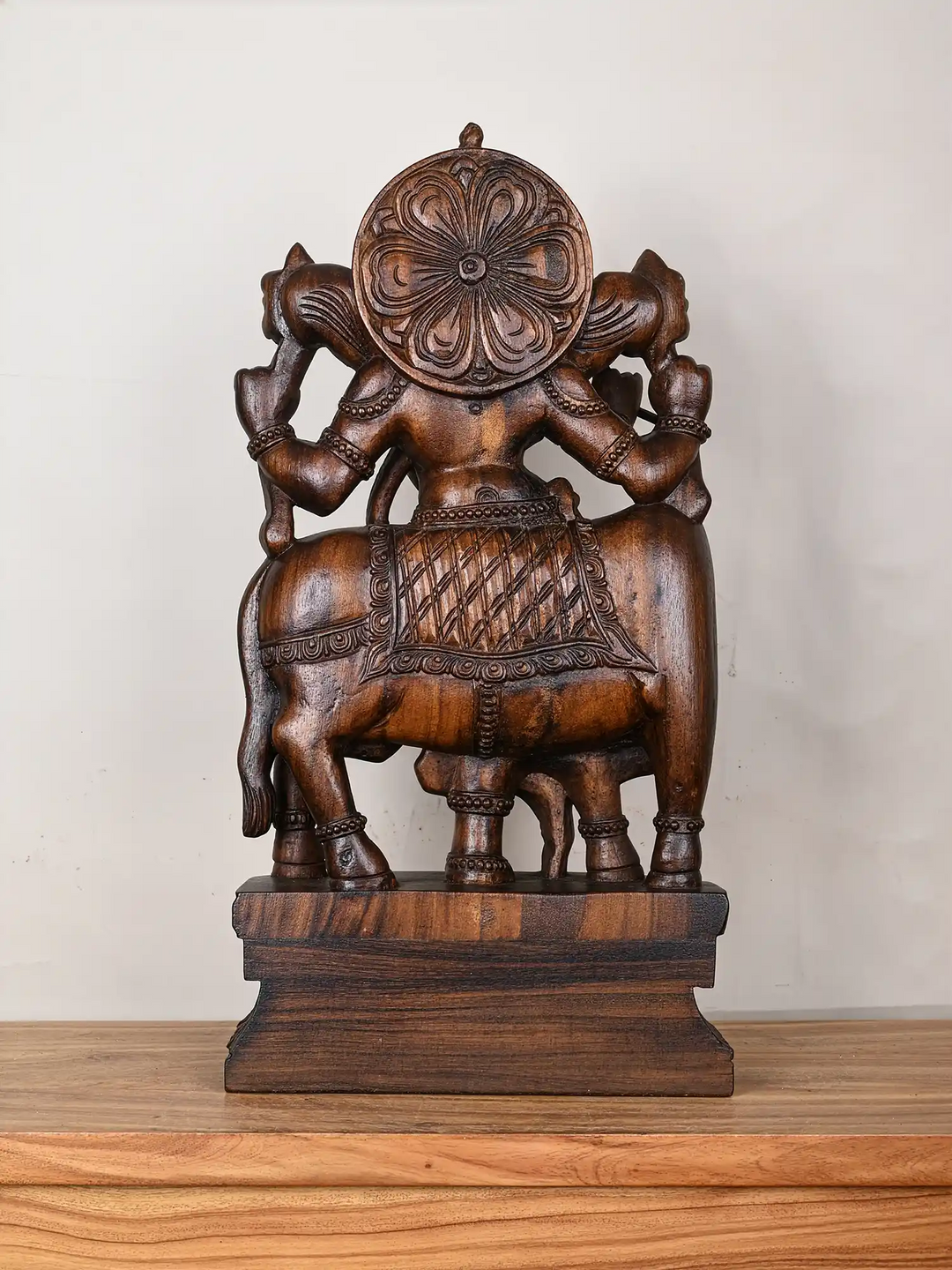 Divine Lord Krishna on Cow Wooden Sculpture 24"