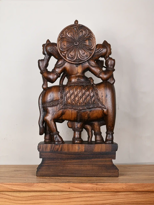 Divine Lord Krishna on Cow Wooden Sculpture 24"