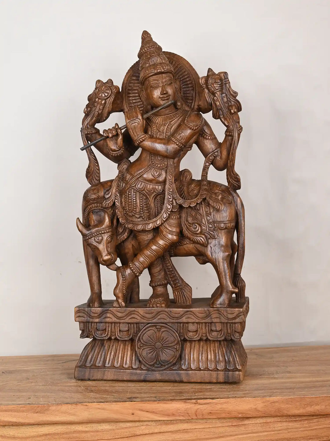 2ft wooden Lord krishna Idol with cow