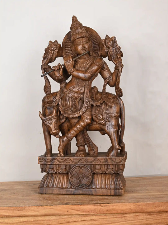 2ft wooden Lord krishna Idol with cow