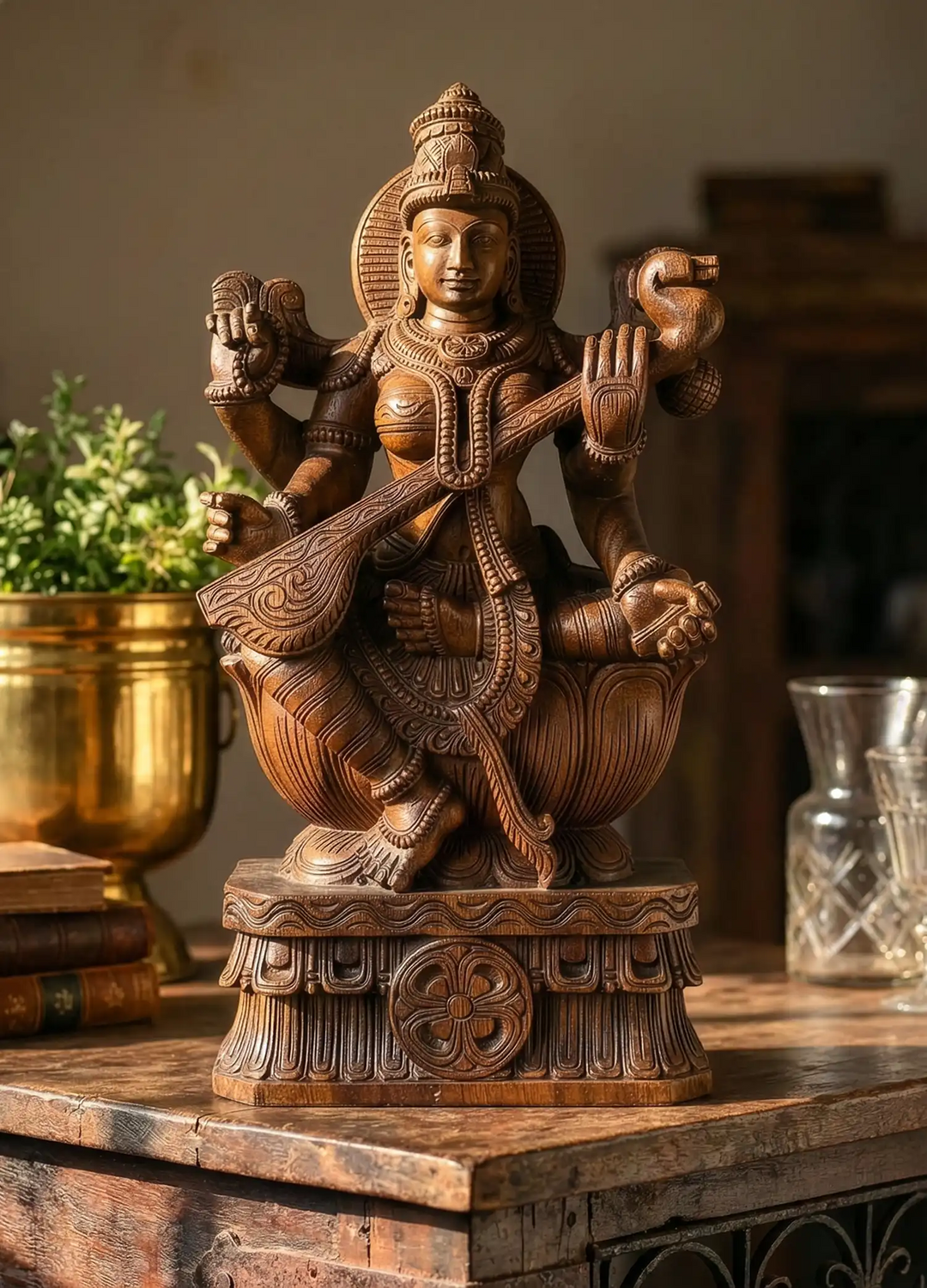 wooden sraswathi statue