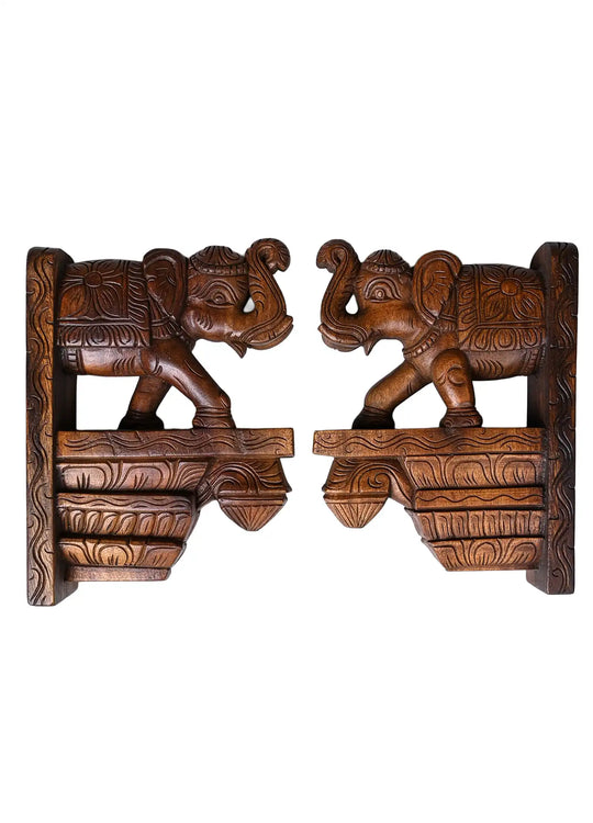 Hand carved Elephant Wooden Wall Mount Brackets 12"