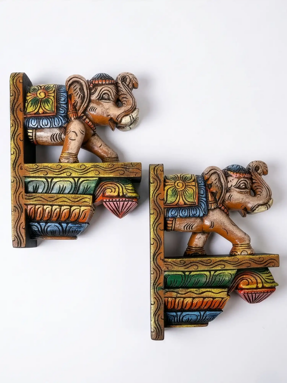 Handcrafted Multicoloured Wooden Elephant Wall Bracket Set (Pair) 12"