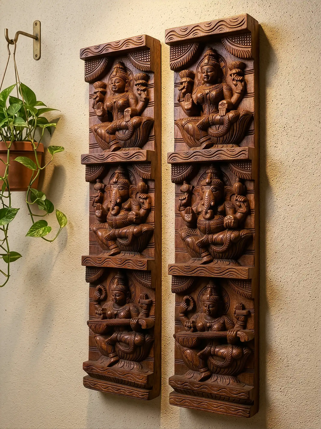 Wooden handmade Ganesh,Lakshmi,Saraswathi Wall Decoratives Panels