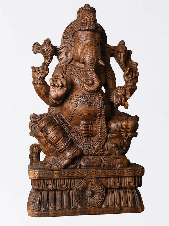 24 Inch Wooden Ganesh Statue for Home Decor & Pooja – Hand Carved Ganesha Idol