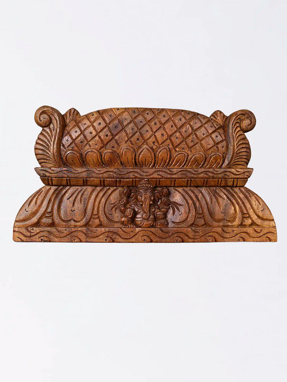 Intricately carved wooden Gopuram panel for temple-style interior decoration