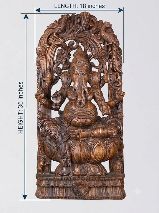Hand Carved Wooden Ganesh Jollywork Wall Panel | Traditional Ganesha 36"