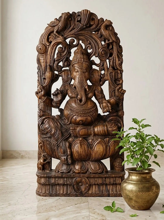 Artisan carved wooden Ganesh devotional wall panel