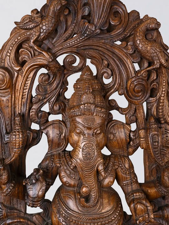 Hand Carved Wooden Ganesh Jollywork Wall Panel | Traditional Ganesha 36"