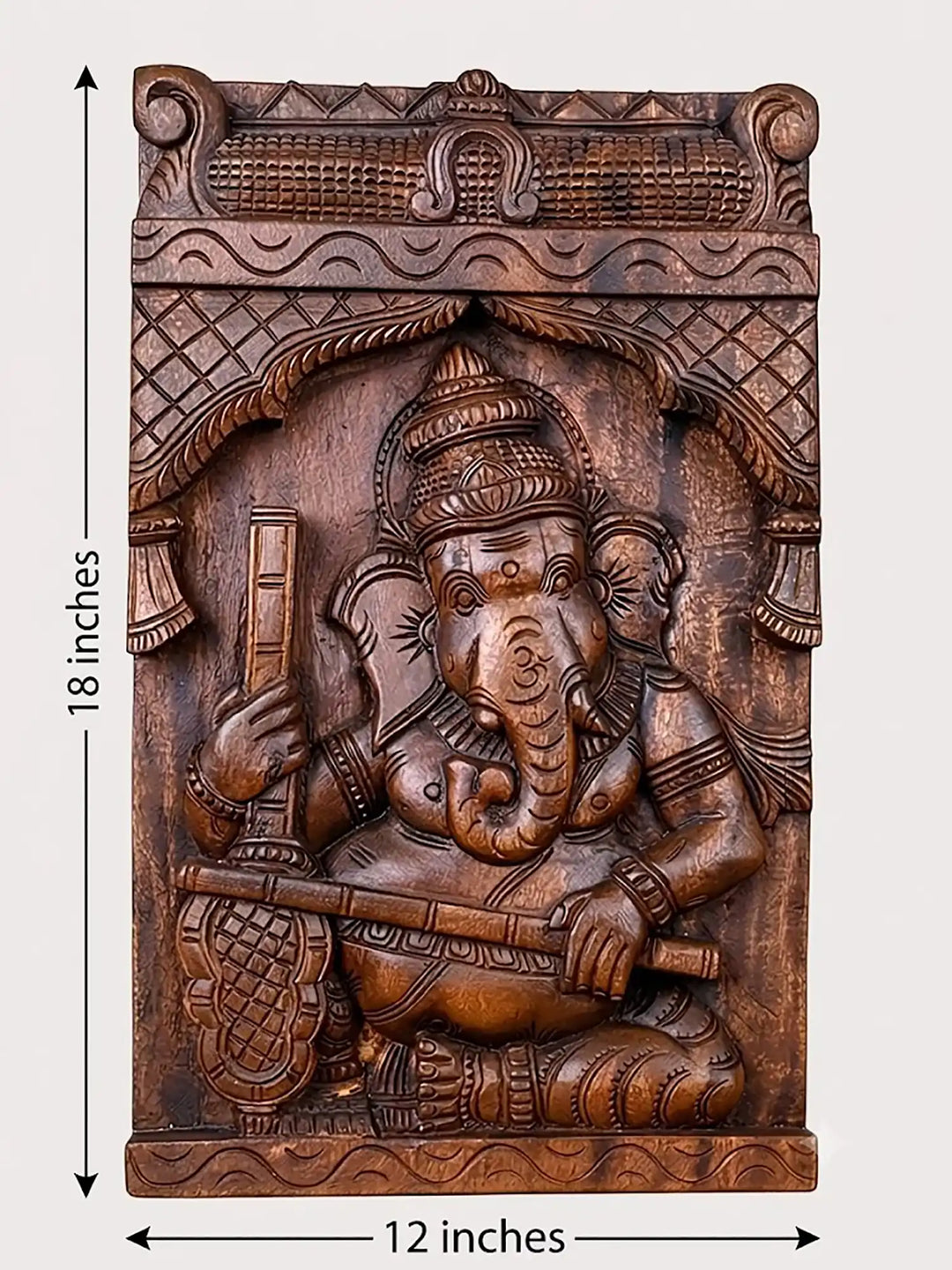 Handcrafted wooden Ganesha playing Veena wall Panel