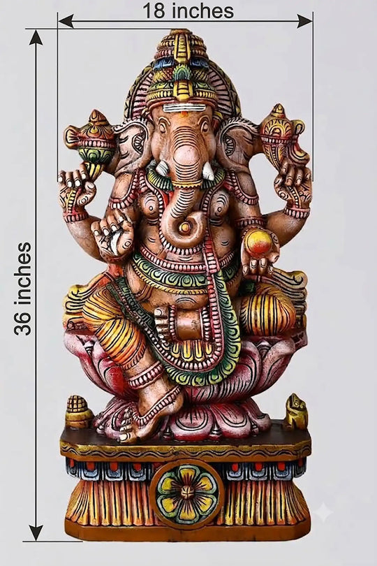 Multicoloured Ganesh Wooden Statue – Handcrafted Hindu God Sculpture 36"