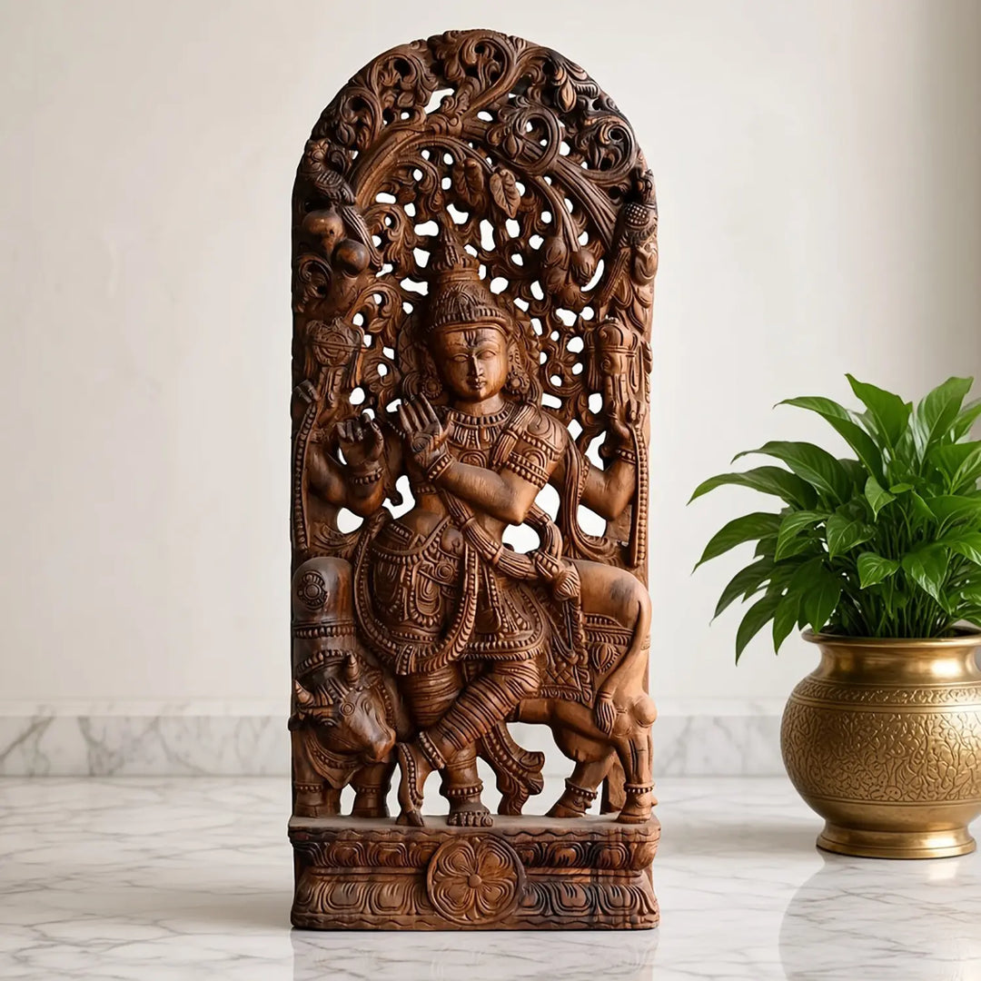Handmade wooden Krishna statue wall hanging