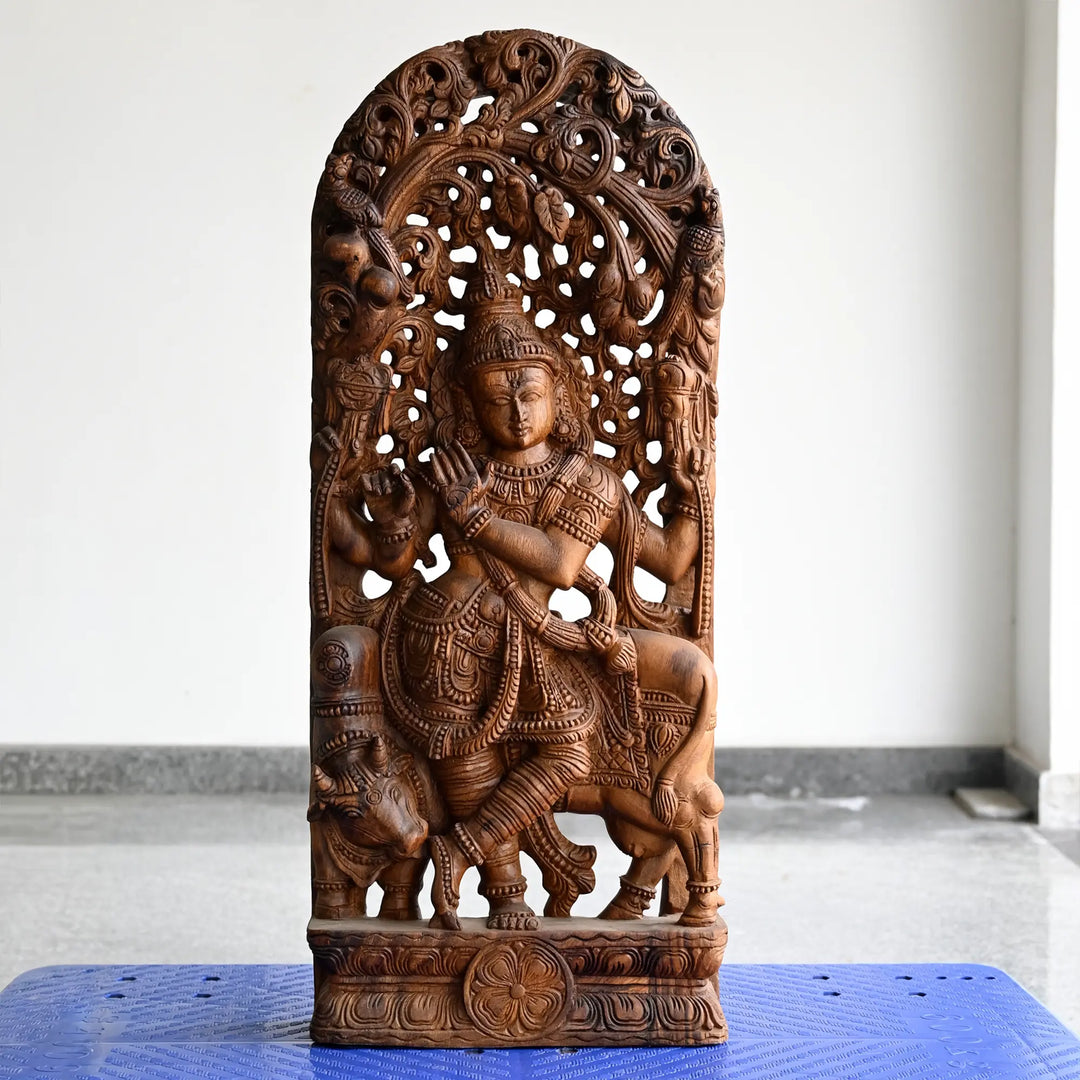Handmade wooden Krishna statue wall hanging