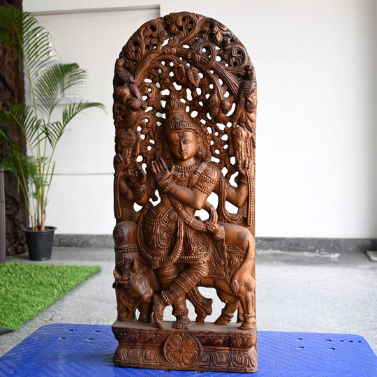 Handmade wooden Krishna statue wall hanging by Sengottuvel Wood Carvings 36"
