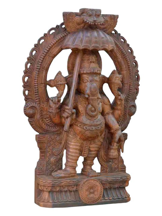 Wooden Sculpture Of Bridgegroom Ganesha With Arch Design 36"