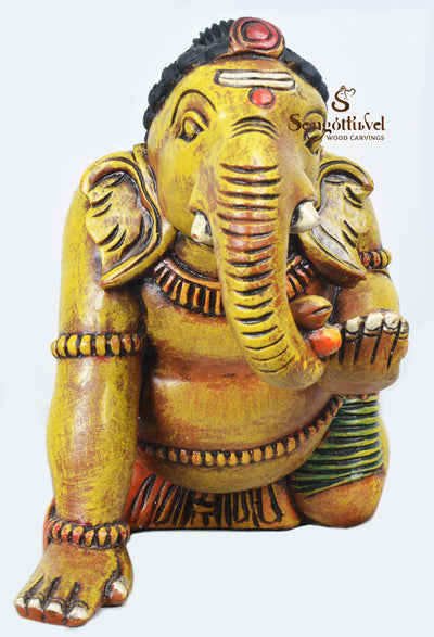 Baby Ganesh Crawling&Eating Mothak wooden statue 18"