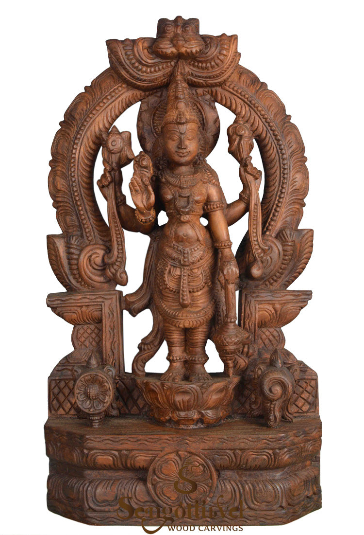 Lord vishnu Standing in lotus Wooden Statue 27"