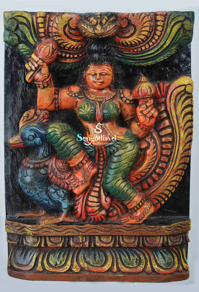 Goddess saraswathi sitting on peacock colourful panel 11"