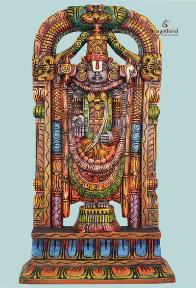 Tirumala Tirupathi Coloured Wooden Sculpture  25"