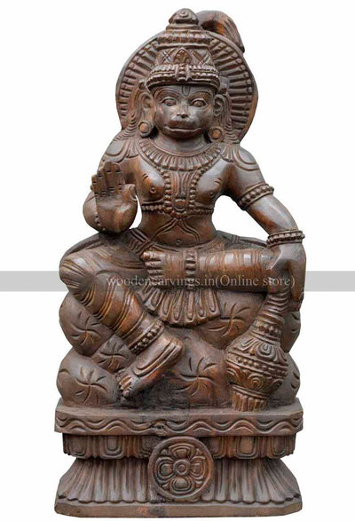 Lord Hanuman Holding Gada and Blessing Wooden Sculpture 24"