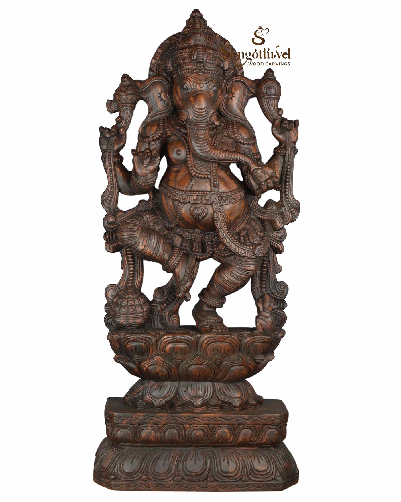 Lord Ganesha standing in lotus wooden statue 47"