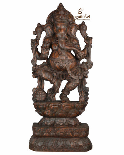 Lord Ganesha standing in lotus wooden statue 47"