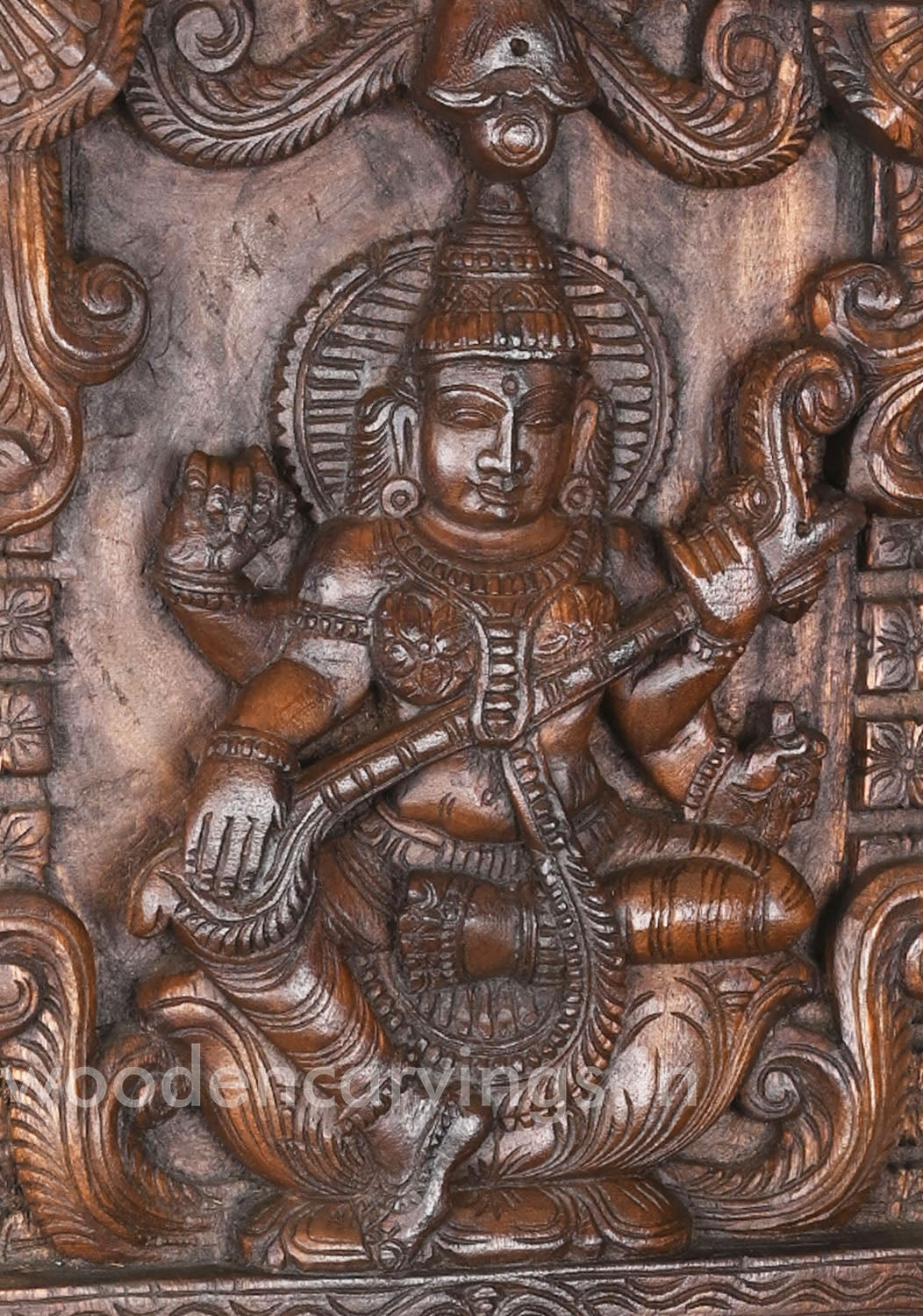 Veena Saraswathi Seated Under Bael Tree Wooden Kavadi 24":