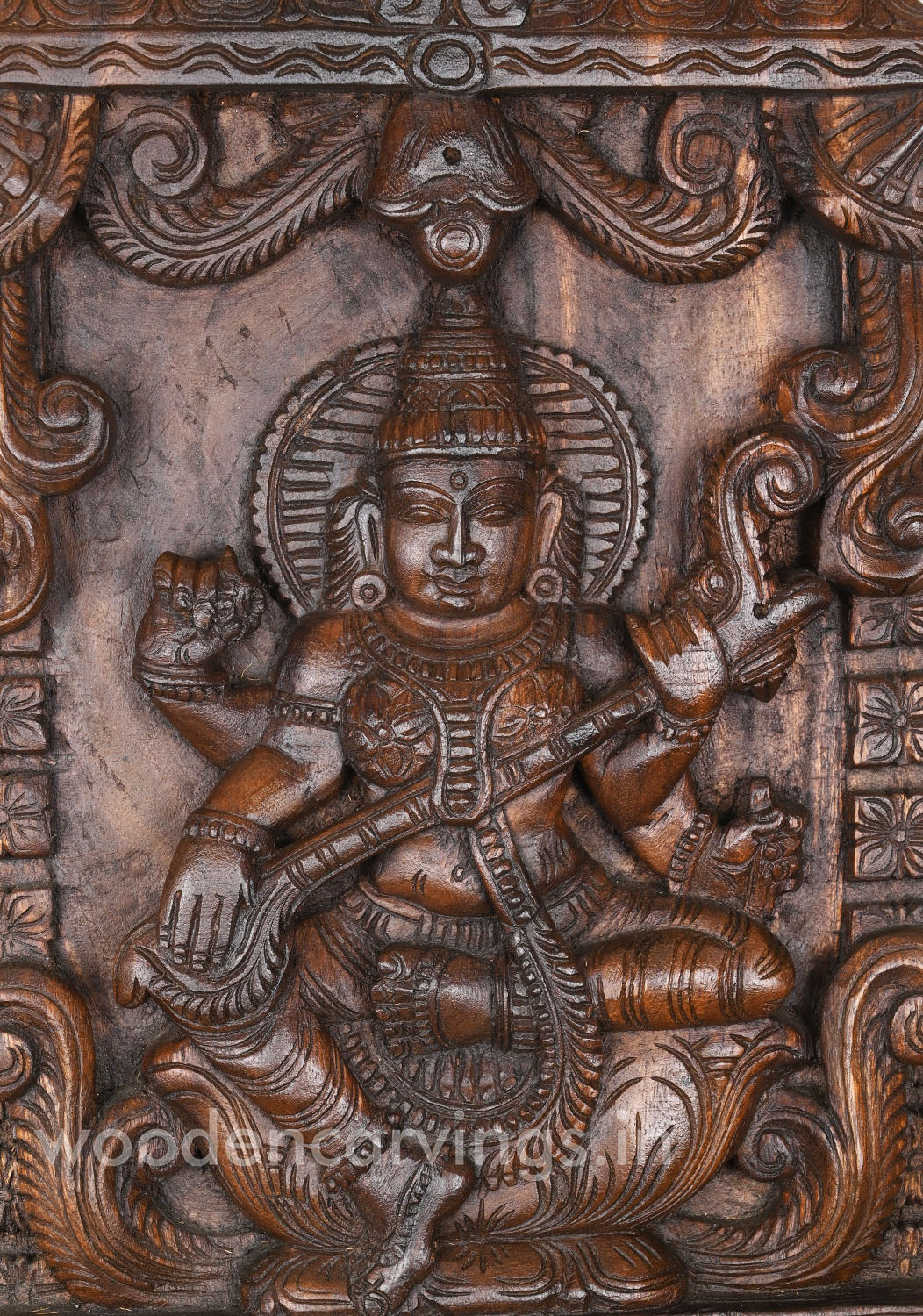 Veena Saraswathi Seated Under Bael Tree Wooden Kavadi 24":