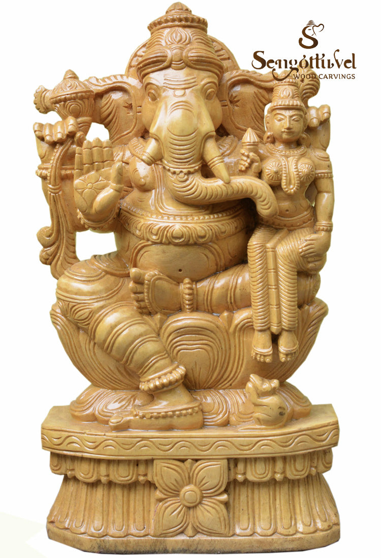 Lord Ganapathi with his wife natural wood statue 18"