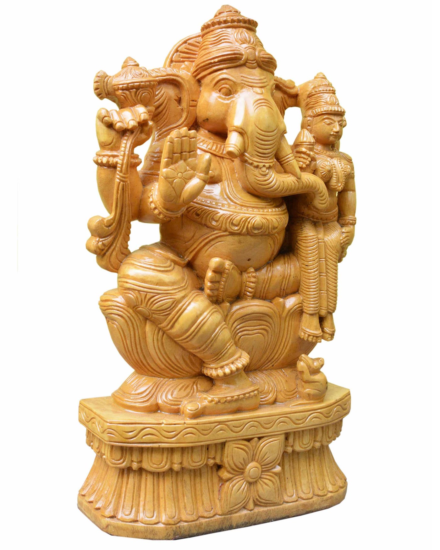 Lord Ganapathi with his wife natural wood statue 18"