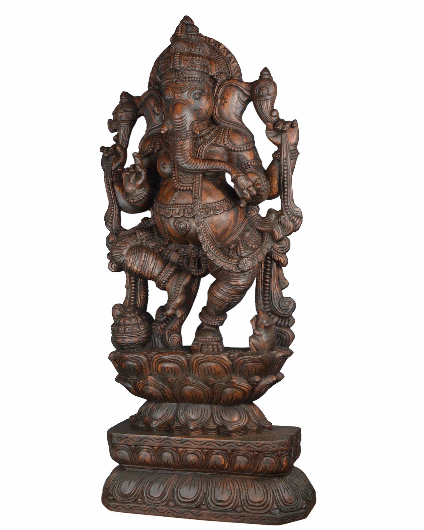 Lord Ganesha standing in lotus wooden statue 47"