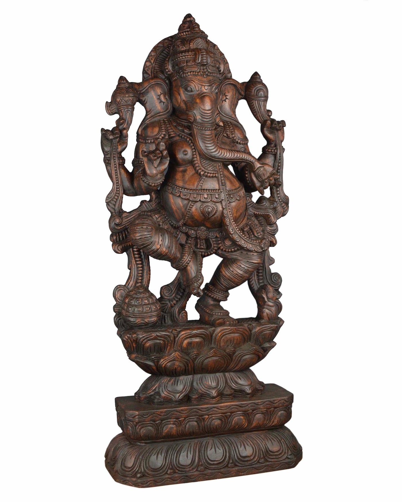 Lord Ganesha standing in lotus wooden statue 47"