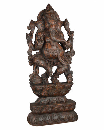 Lord Ganesha standing in lotus wooden statue 47"
