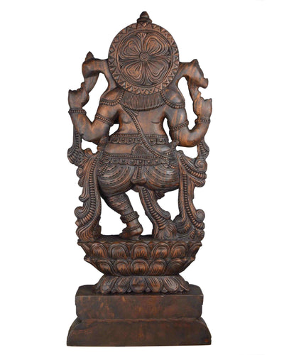 Lord Ganesha standing in lotus wooden statue 47"