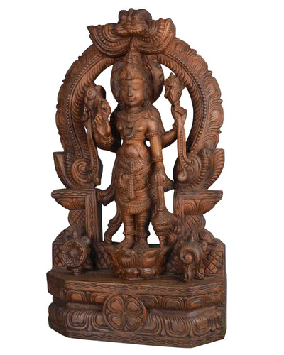 Lord vishnu Standing in lotus Wooden Statue 27"