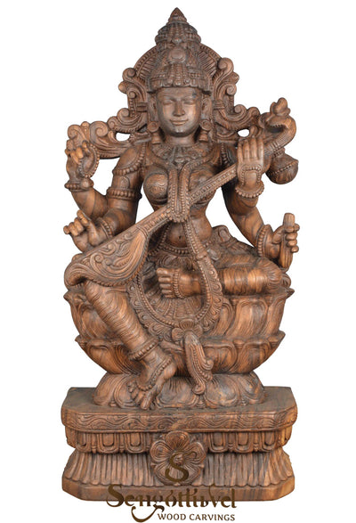 Goddess saraswathi maa wooden statue 37"