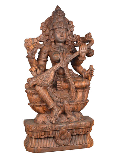 Goddess saraswathi maa wooden statue 37"