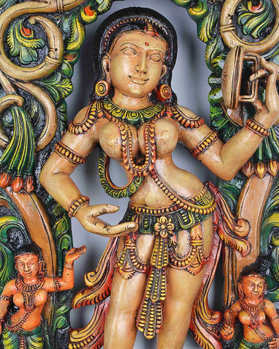 Gorgeous Apsara holding mirror wall mount sculpture 36"