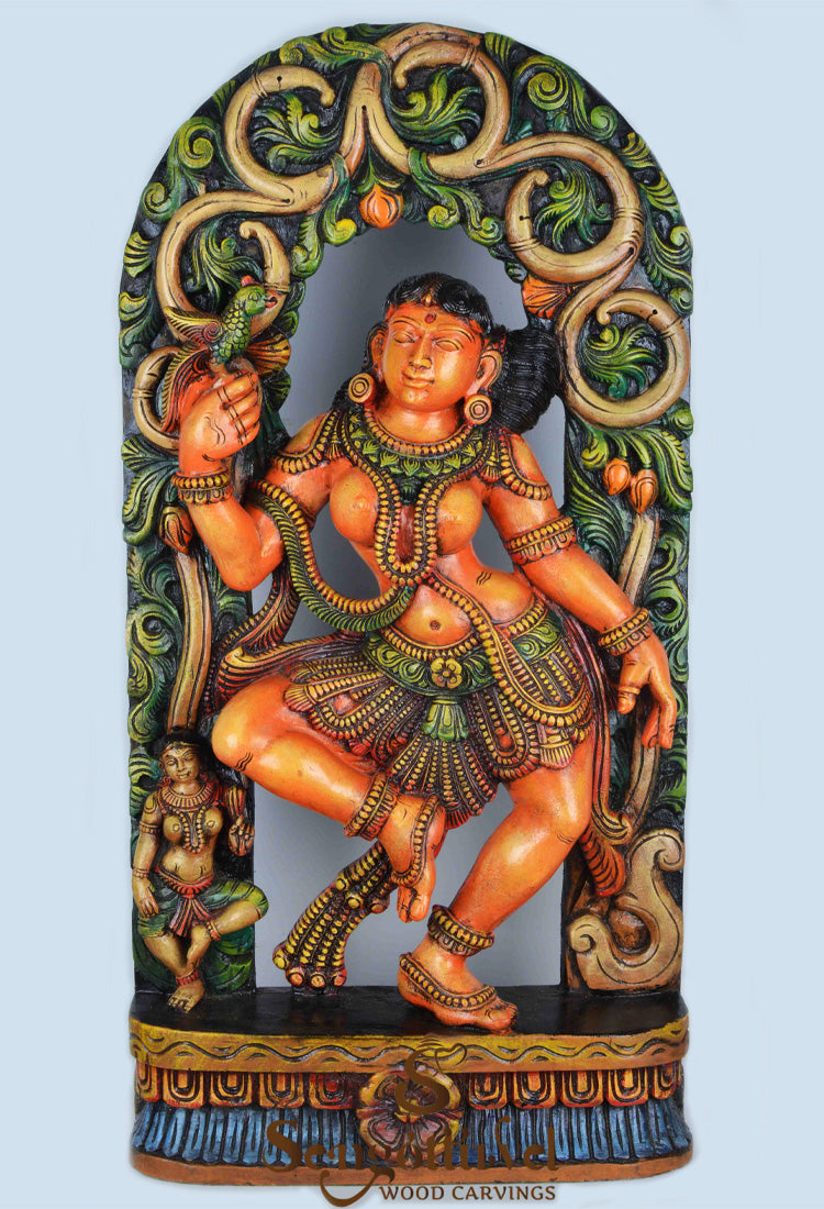 Fascinating Apsara holding parrot wall mount sculpture 36"