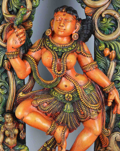 Fascinating Apsara holding parrot wall mount sculpture 36"