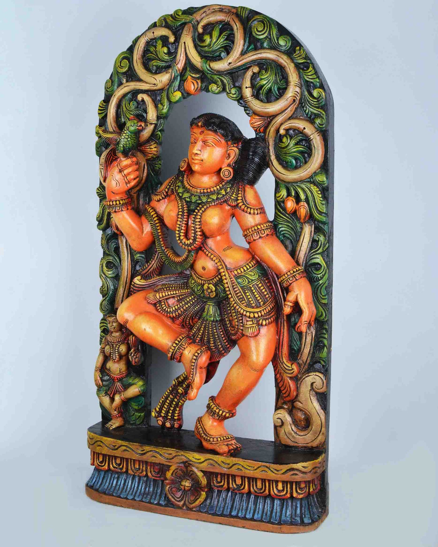 Fascinating Apsara holding parrot wall mount sculpture 36"