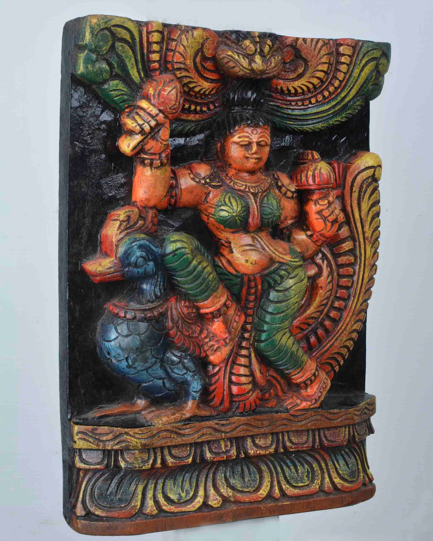 Goddess saraswathi sitting on peacock colourful panel 11"