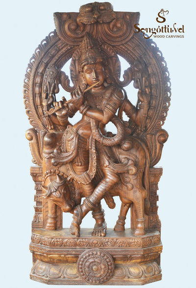 Lord Krishna feet licks Gomatha(cow) wooden statue 85"