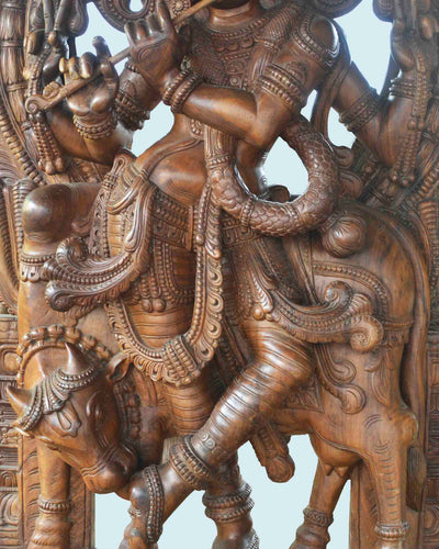 Lord Krishna feet licks Gomatha(cow) wooden statue 85"