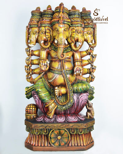 Yellowish panchamugha Ganesha wooden statue 37"